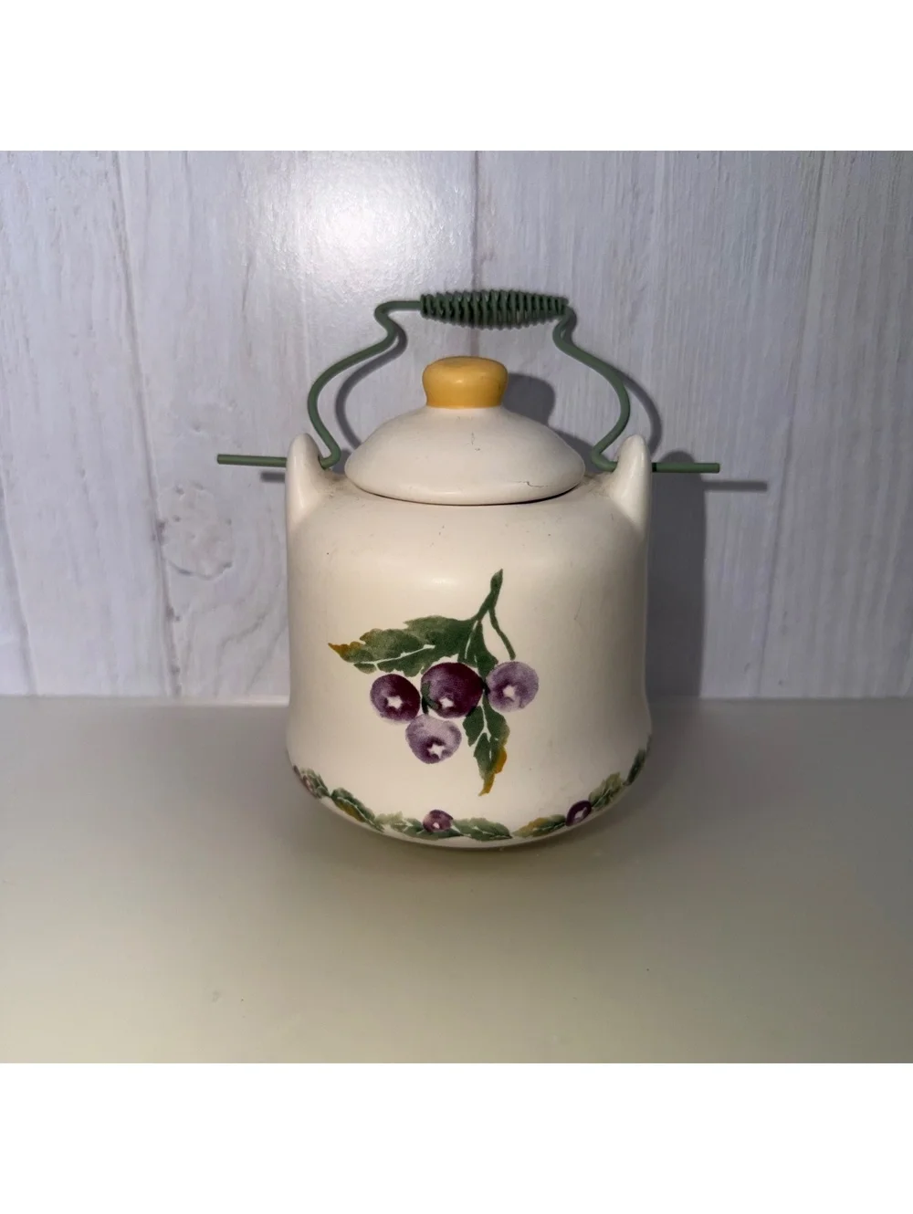 Ceramic Berry Crock Candle Holder with Lid & Green Wire Handle Farmhouse Decor